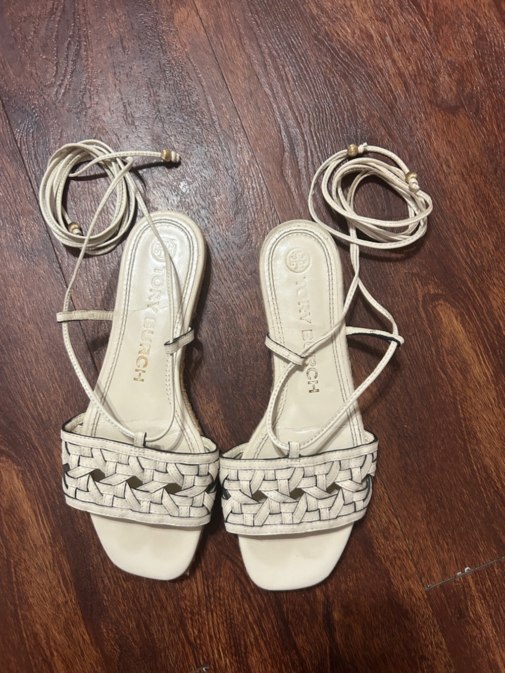 Tory Burch Woven Leather Lace-Up Sandals in Beige
